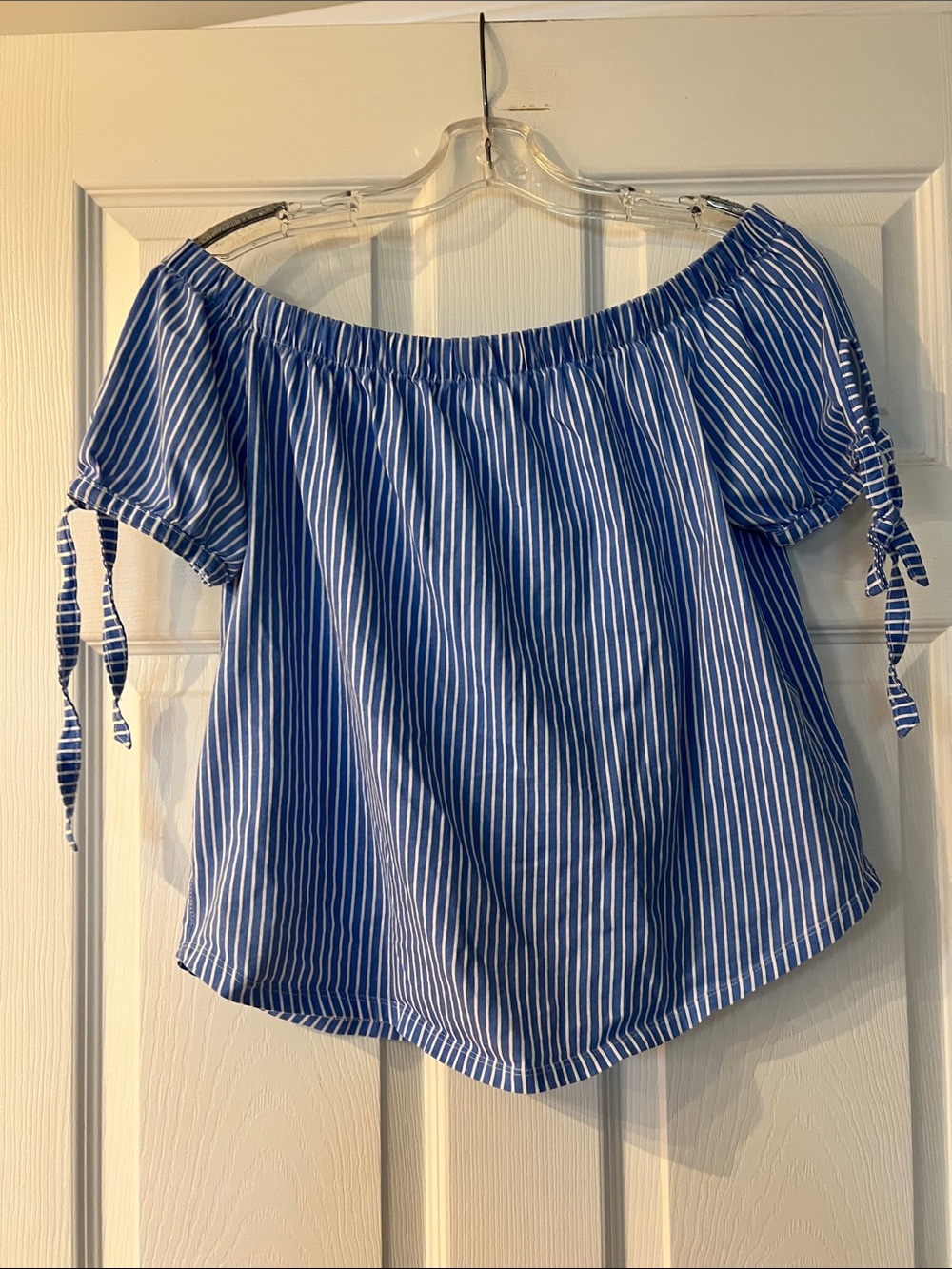 H&M Blue and White Striped Off-Shoulder Tie-Sleeve Top
